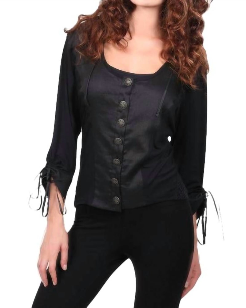 Front of a model wearing a size LG Drawstring-Slv Buttoned Top in Black in Black by ANGEL. | dia_product_style_image_id:327169